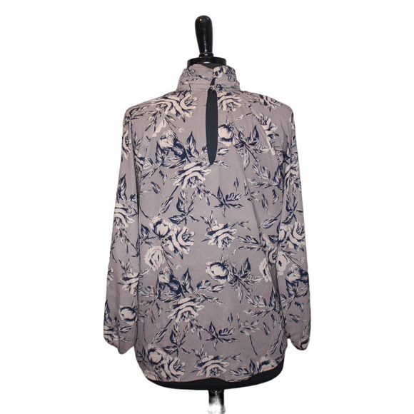 Veronica M Floral Blouse High Neck Keyhole Cutout Gray Blue Size M - Picture 2 of 3